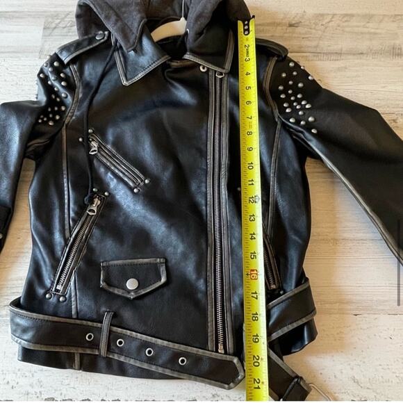 Zara Moto Distressed Faux Leather Studded Jacket with Sweatshirt Hood XS Black - Picture 13 of 16